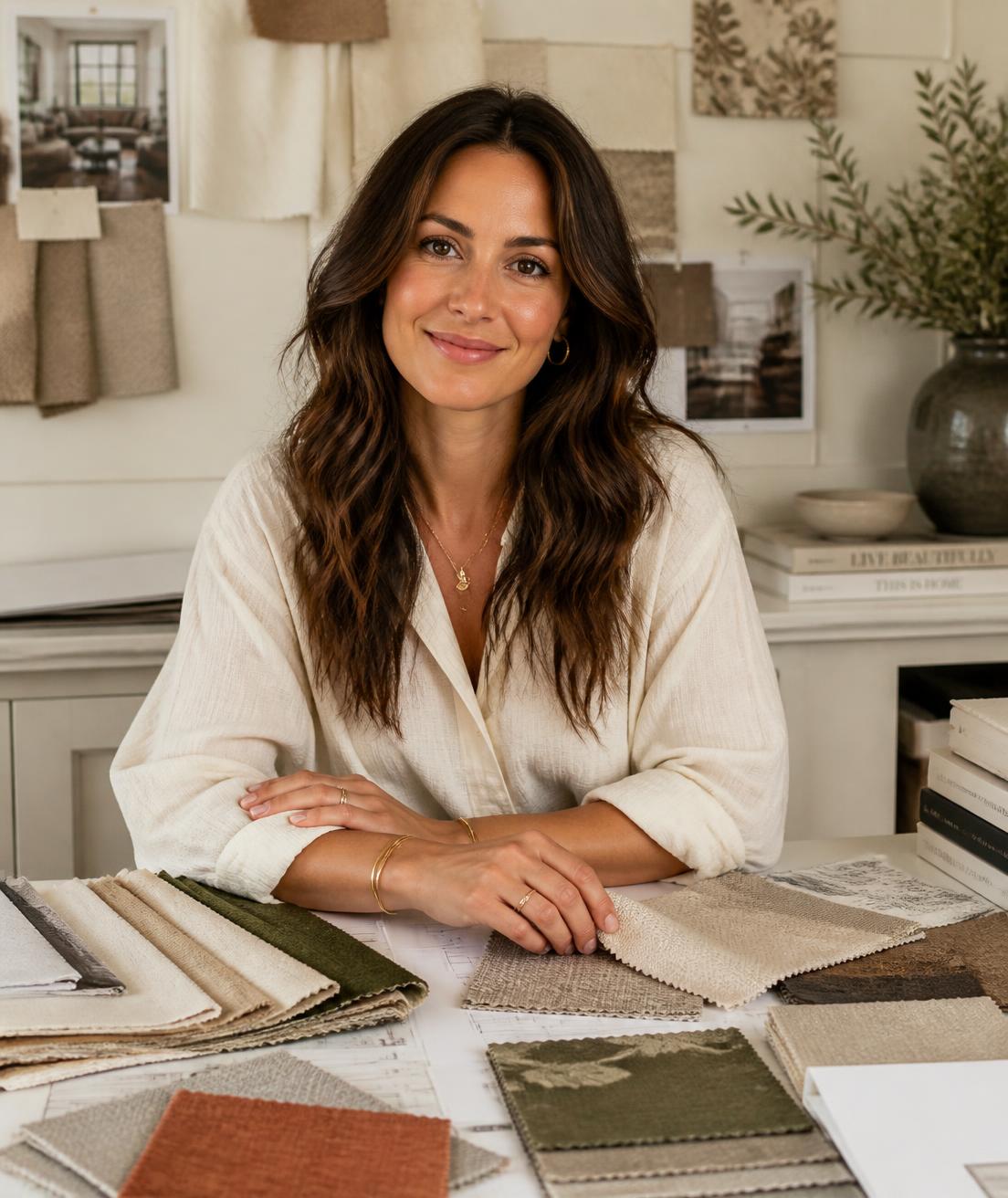 Portrait of Clara Bellamy, interior designer, in a cream studio surrounded by fabric swatches