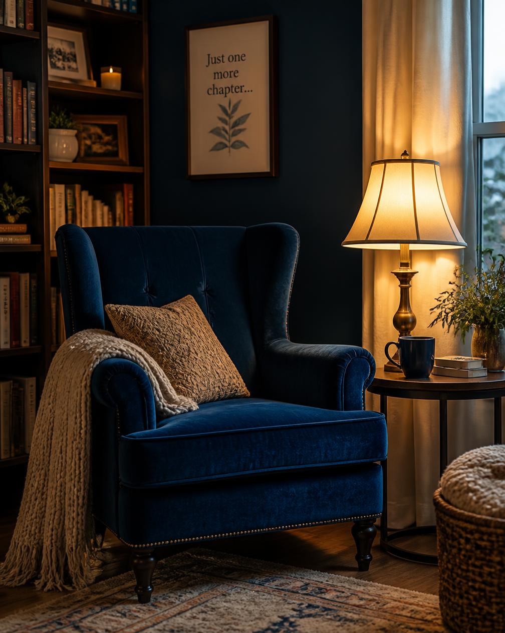 Cozy reading nook with deep blue velvet armchair and warm side lamp