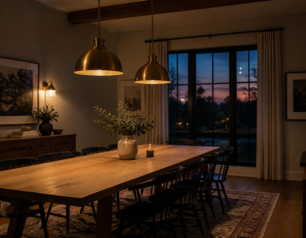 Dining room with brass pendant lights over a long oak table at dusk